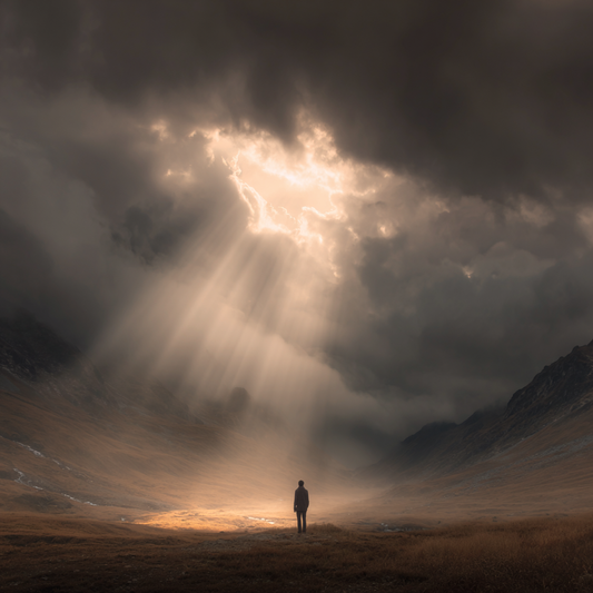 Man standing with dark clouds around and a light shining down on them