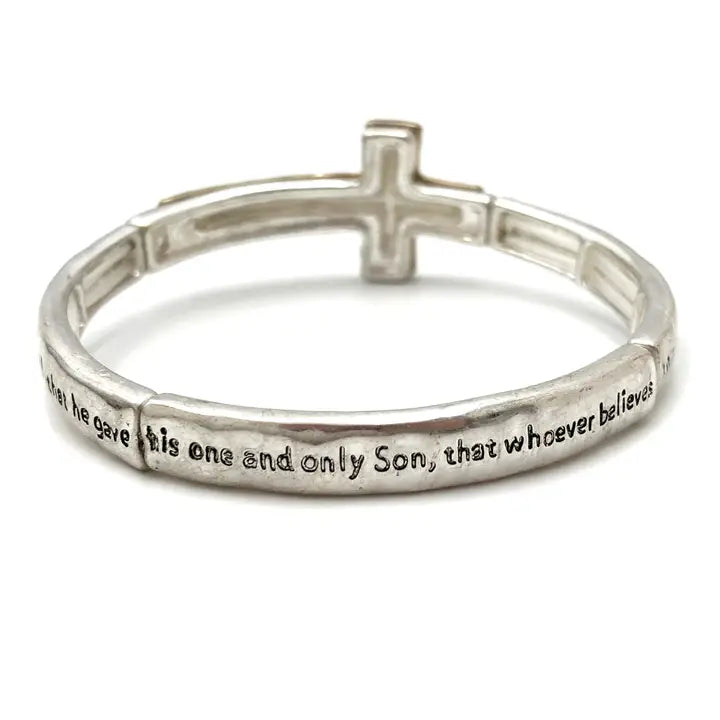 John 3:16 Christian Cross Stretch Bracelet, Engraved Alloy (2.5 x 2.5 in)