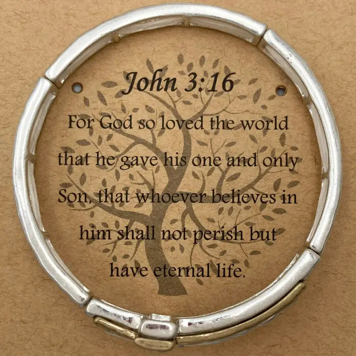 John 3:16 Christian Cross Stretch Bracelet, Engraved Alloy (2.5 x 2.5 in)