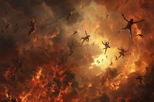 Falling figures in a fiery, chaotic scene.