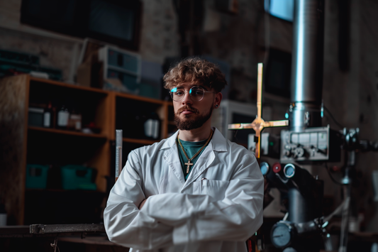Scientist in lab coat with equipment.