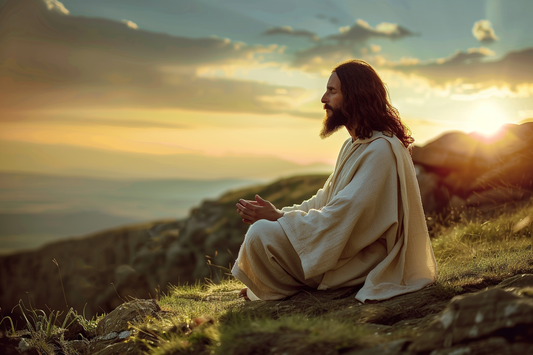 Man in robe praying at sunset outdoors.