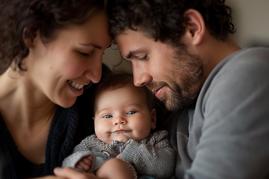 Happy family with baby smiling together.