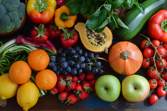 Assorted fresh fruits and vegetables on table.
