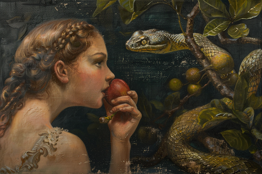 Woman with apple and snake in tree.