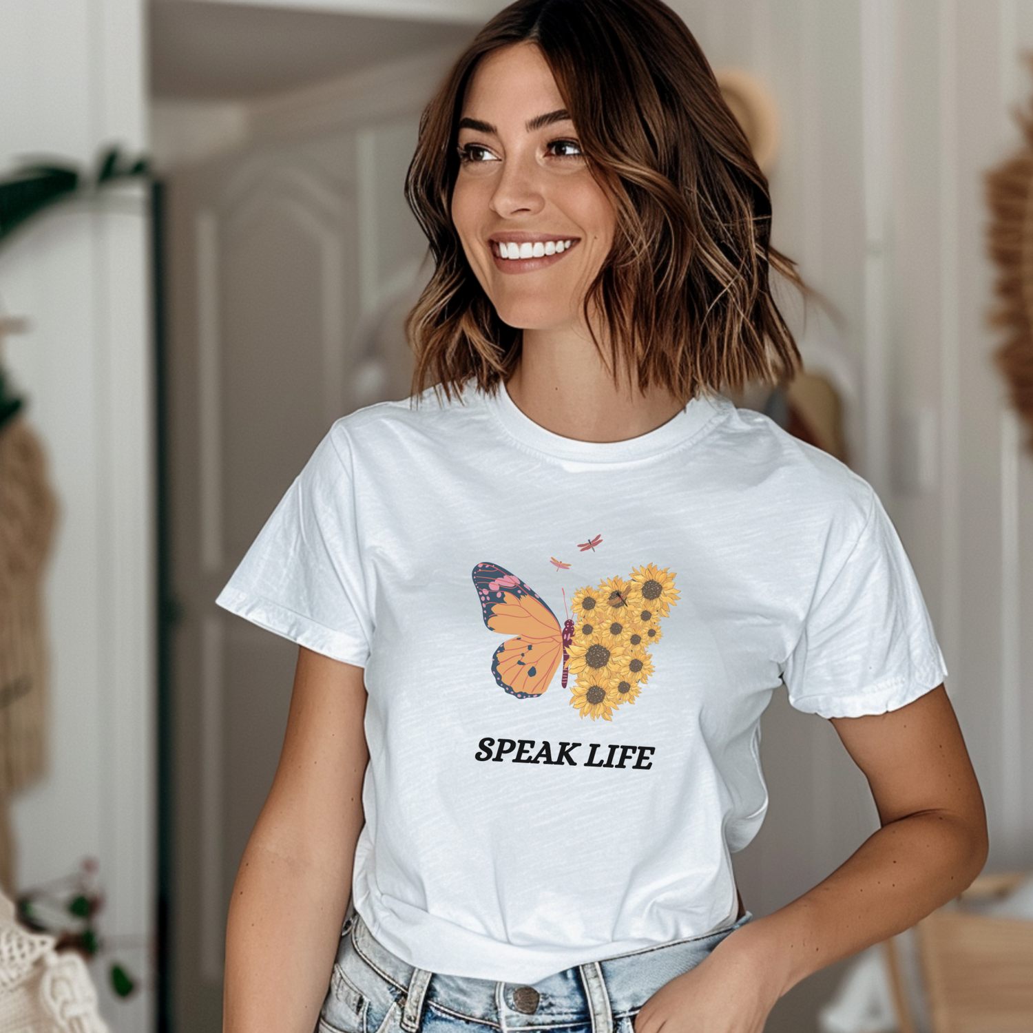 Woman wearing White Speak Life Christian T-Shirt