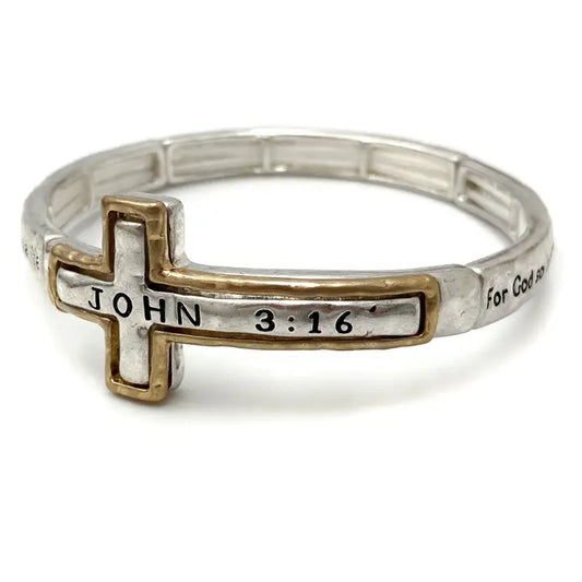 John 3:16 Christian Cross Stretch Bracelet, Engraved Alloy (2.5 x 2.5 in)